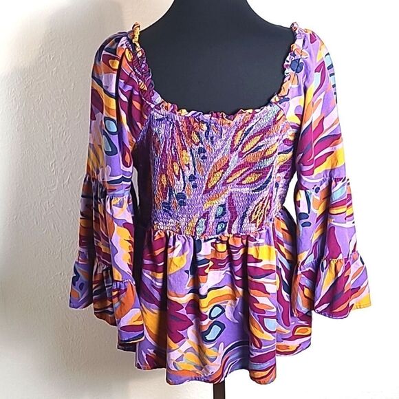 Terra & Sky Colorful Top Purple Orange Print Shirred Elastic, Size 1X, 16W-18W - Picture 7 of 9